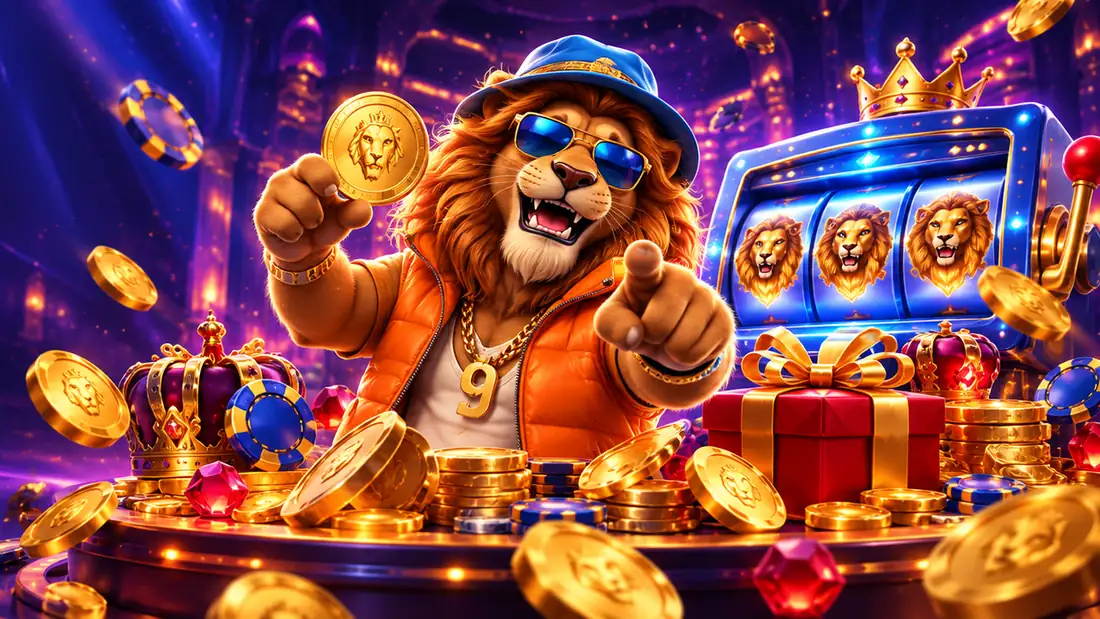 Nine Casino oroszlán kabalája aranyérmét tart, mögötte nyerőgép és ajándékdoboz
