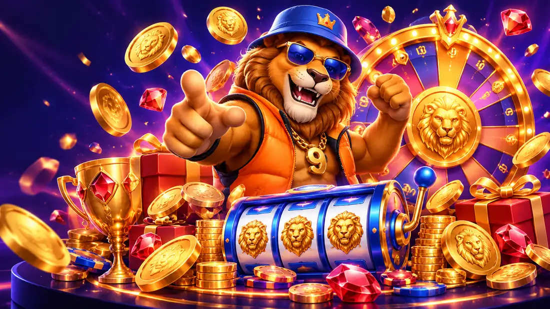 Nine Casino oroszlán kabalája aranyérmével, szerencsekerékkel, trófeával és ajándékokkal