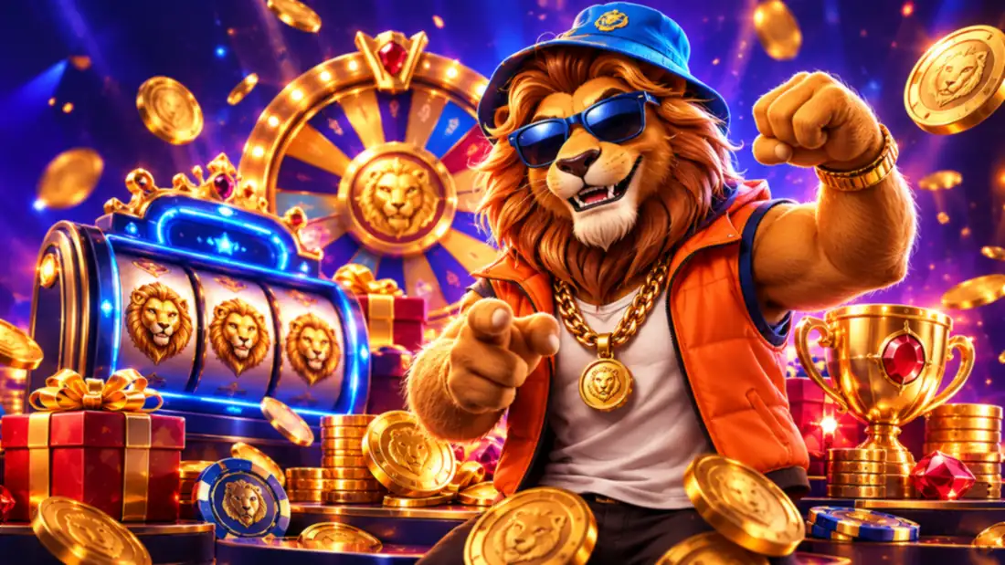 Nine Casino oroszlán kabalája szerencsekerék és oroszlános nyerőgép előtt