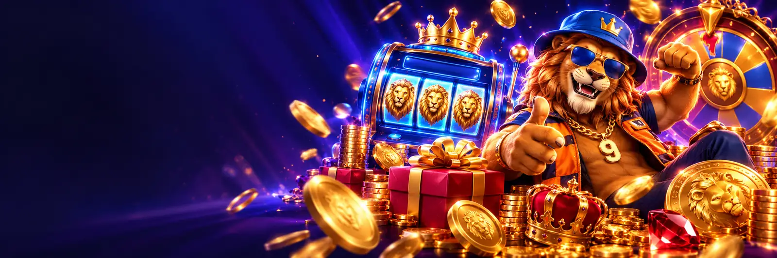 Nine Casino oroszlán kabalája ajándékdobozzal, nyerőgéppel és aranyérmékkel – üdvözlő csomag