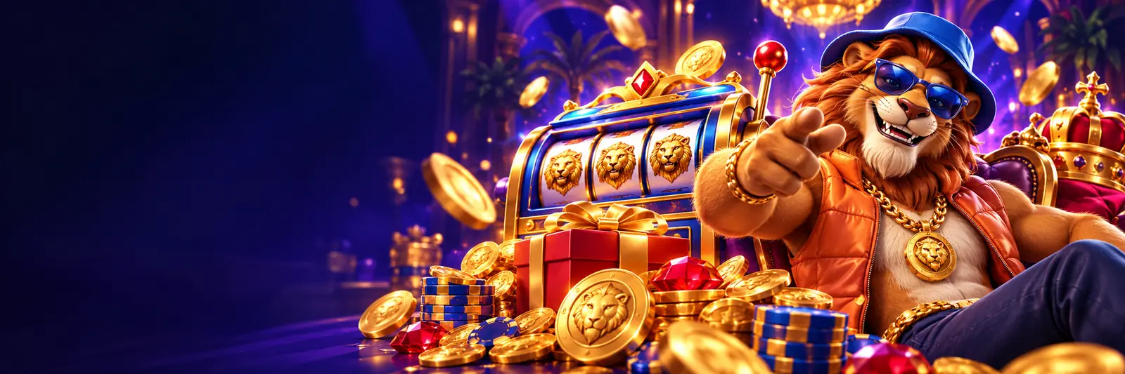Nine Casino oroszlán kabalája trónon, zsetonokkal és nyerőgéppel – élő kaszinó