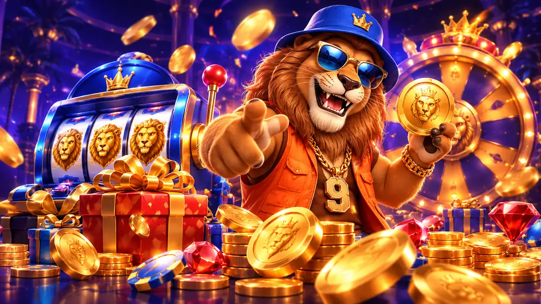 Nine Casino oroszlán kabalája mutat a néző felé, mellette nyerőgép és ajándékdoboz