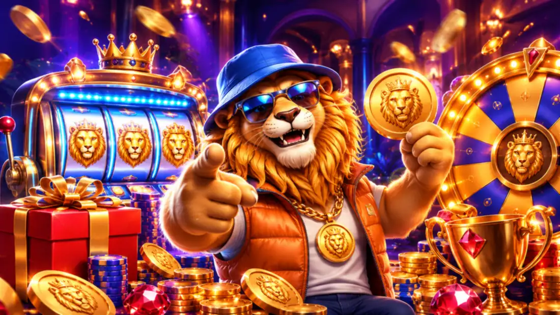 Nine Casino oroszlán kabalája hüvelykujjal felfelé, aranyérmével és trófeával